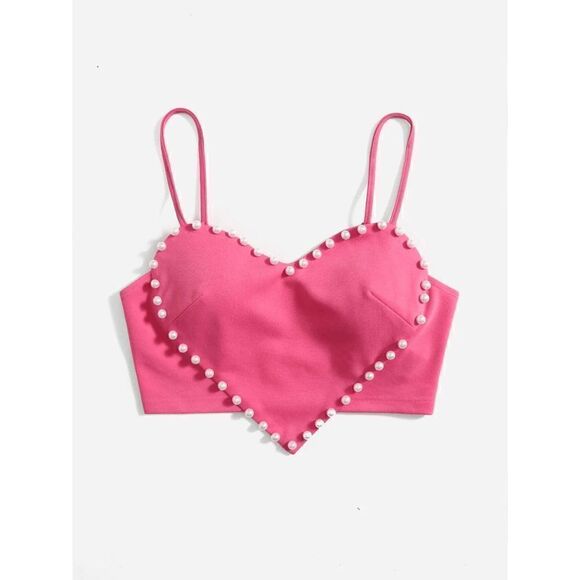 💗 Barbie Pink Cute Heart Shaped Crop Top Pearls Trim NEW WITH TAGS - Picture 2 of 16